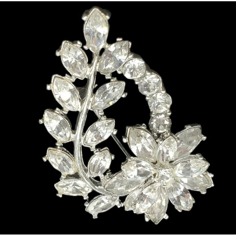 VTG Brooch Marquise Crystal Flower Pin Floral Prongs Silver Foiled Clear Sparkle